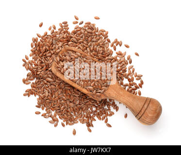 Vista dall'alto di semi di lino in cucchiaio di legno isolato su bianco Foto Stock