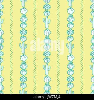 Striping verticale stile di cactus e piante succulente in contorno verde e il piano bianco pastello su sfondo giallo. disegnati a mano stile. seamless pattern. Illustrazione Vettoriale