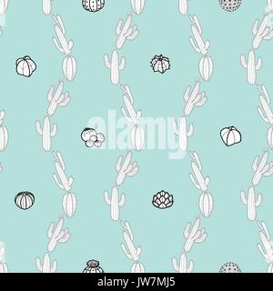 A strisce verticali di colore grigio chiaro profilo cactus e contorno nero succulente pastello su sfondo blu. disegnati a mano stile. seamless pattern. Illustrazione Vettoriale