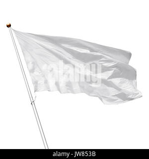 Bandiera bianca a sventolare nel vento su sfondo bianco. Perfetto mockup per aggiungere qualsiasi tipo di logo, simbolo o segno Foto Stock