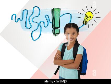 Digital composito di Schoolgirl con colorati idea luce grafica della lampadina Foto Stock