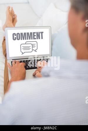 Composito Digitale del testo di commento e chat grafico sullo schermo del computer portatile con mani di uomo rilassante Foto Stock