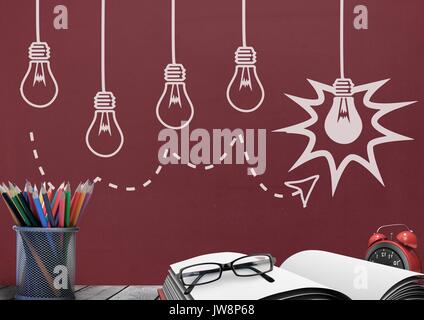 Composito digitale di libri sul tavolo contro rosso lavagna con grafica della lampadina Foto Stock