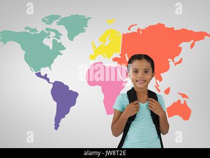 Digital composito di Schoolgirl nella parte anteriore del mondo a colori mappa Foto Stock