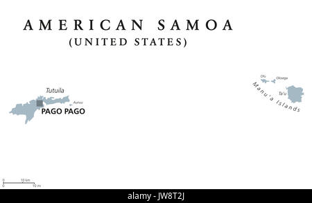 American Samoa mappa politico con capitale Pago Pago. Etichetta inglese. Territorio non costituite in società degli Stati Uniti nell'Oceano Pacifico. Foto Stock