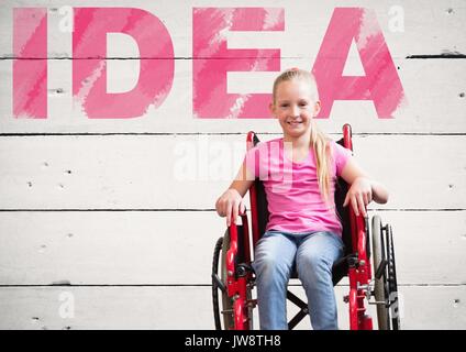 Composito Digitale del ragazzo di disabili in sedia a rotelle con testo idea Foto Stock