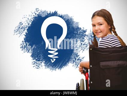 Composito Digitale del ragazzo di disabili in carrozzella con l idea di testo e lampadina graphics Foto Stock