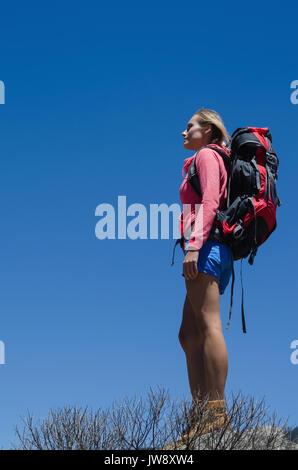 Basso angolo di visione femminile di escursionista con zaino in piedi sulla roccia contro il cielo blu chiaro Foto Stock