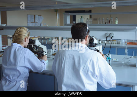 Gli studenti universitari facendo esperimento su microscopio in laboratorio presso il college Foto Stock
