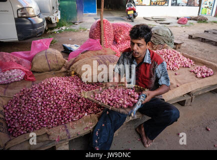 Colombo, Sri Lanka - Set 5, 2015. Un venditore a vendere la cipolla al mercato rurale in Colombo, Sri Lanka. Colombo è la capitale commerciale e la più grande città del Foto Stock