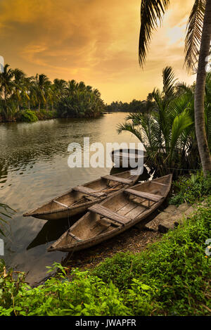Barche in legno nel fiume tropicale. Il Vietnam Foto Stock