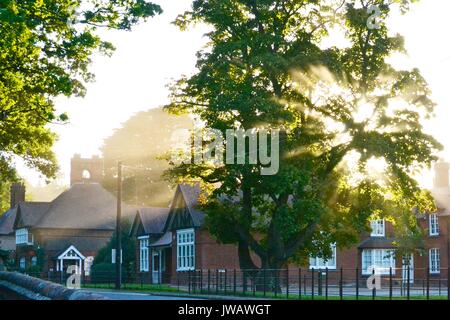 Edifici del comune in Eleveden, UK nel tardo pomeriggio con la luce diretta del sole che splende attraverso gli alberi Foto Stock