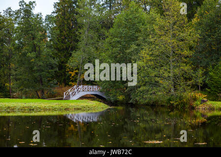 Piccolo laghetto bianca decorativa e ponte di legno in posizione di parcheggio Foto Stock