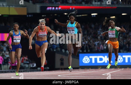 Stati Uniti d'America's Deajah Steven, Netherland's Dafne Schippers, Bahamas' Shaunae Miller-Uibo e Costa d Avorio's Maria-Josee Ta Lou durante il giorno otto del 2017 IAAF Campionati del mondo presso il London Stadium. Foto Stock