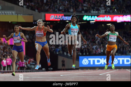 Stati Uniti d'America's Deajah Stevens, Netherland's Dafne Schippers, Bahamas' Shaunae Miller-Uibo e Costa d Avorio's Maria-Josee Ta Lou durante il giorno otto del 2017 IAAF Campionati del mondo presso il London Stadium. Foto Stock