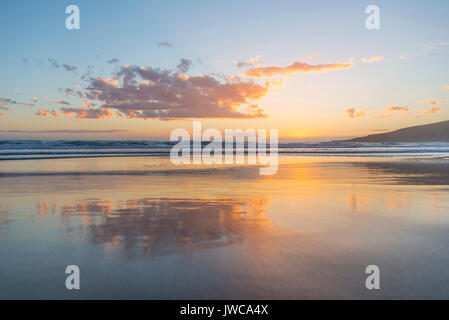 La riflessione, il tramonto sul mare, Sandfly Bay, a Dunedin, Otago, Isola del Sud, Nuova Zelanda Foto Stock