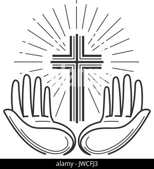 Chiesa religione logo. La Bibbia, la crocifissione, la croce e la preghiera Icona o simbolo. Design lineare, illustrazione vettoriale Illustrazione Vettoriale