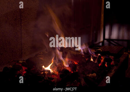 Un fuoco sta bruciando sul barbecue, pronto per il barbecue. Foto Stock