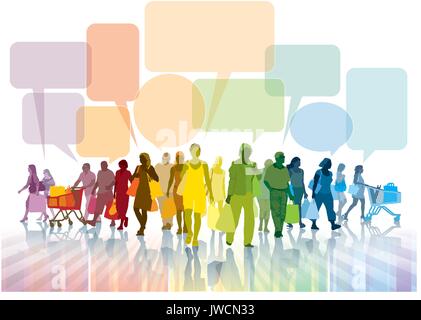 Folla colorata di persone con i sacchetti è camminare e parlare di shopping. Illustrazione Vettoriale