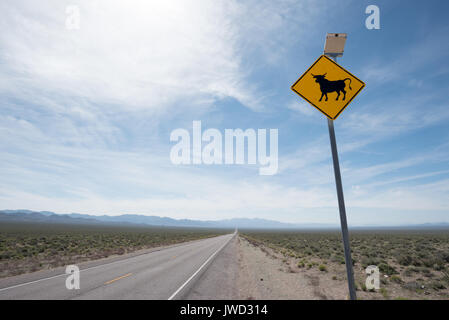 Energia solare segno di bestiame su una autostrada nel deserto del Nevada. Foto Stock