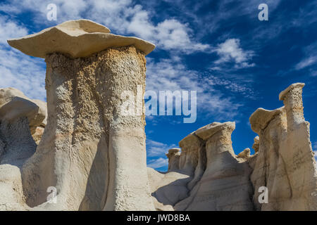 Hoodoos rabboccato con disco caprock nel Bisti/De-Na-Zin Deserto vicino a Farmington, Nuovo Messico, STATI UNITI D'AMERICA Foto Stock