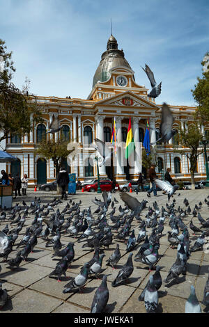 Congresso nazionale della Bolivia edificio, e Piccioni in Plaza Murillo, La Paz, Bolivia, Sud America Foto Stock