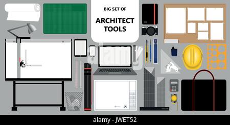 Grande set di architetto isolato. Gli strumenti di lavoro e di progettazione roba. illustrazione vettoriale. Illustrazione Vettoriale