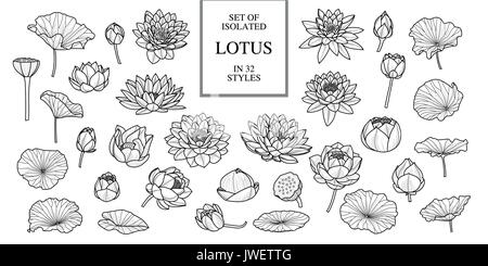 Set di isolato di lotus in stile 32. contorno nero. disegnati a mano stile. illustrazione vettoriale Illustrazione Vettoriale