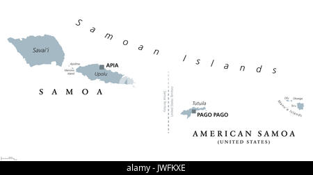 Isole Samoa mappa politico con etichetta inglese. Samoa e Samoa Americane. Arcipelago nell'Oceano Pacifico centrale, parte della Polinesia e Oceania. Foto Stock