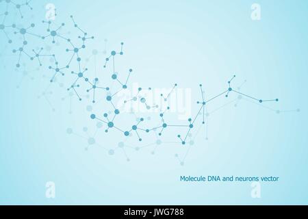 Struttura molecola di DNA e di neuroni, linee collegate con dei puntini, genetici e di composti chimici, illustrazione vettoriale. Illustrazione Vettoriale
