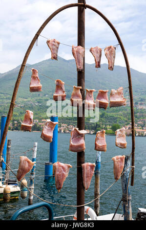 Pesce attaccato su rack a secco a Peschiera Maraglio, Monte Isola, Lago d'Iseo, Italia Foto Stock