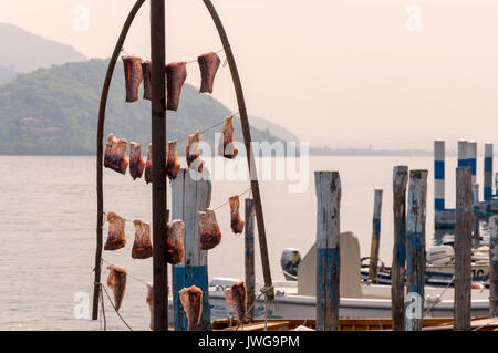 Pesce attaccato su rack a secco a Peschiera Maraglio, Monte Isola, Lago d'Iseo, Italia Foto Stock