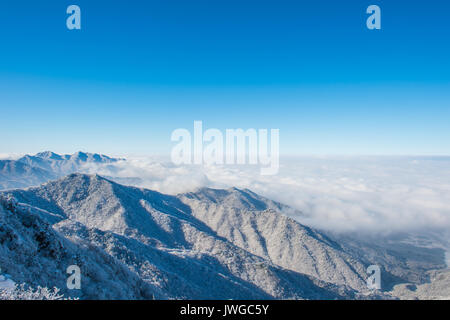 Seoraksan montagne è coperta dalla nebbia mattutina in inverno, Corea. Foto Stock