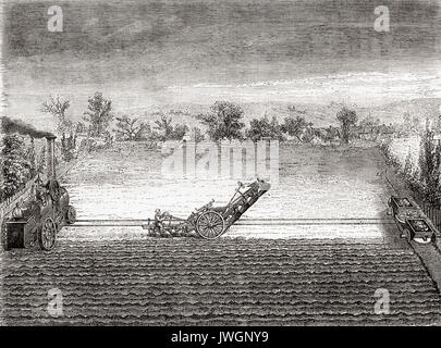 Un condotto di vapore motore trazione e un multi aratro palettato disegnato da John Fowler nel XIX secolo. L'aratro aveva due insiemi di quattro lame che sono stati abbassati singolarmente e utilizzati a seconda della direzione in cui esso è stato trainato da catene powered by il motore di vapore. Da Les Merveilles de la Science, pubblicato 1870. Foto Stock