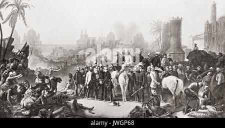 La riunione di Sir Colin Campbell con Havelock e Outram presso il secondo rilievo di Lucknow, 1857. Maresciallo di Campo Colin Campbell, primo Baron Clyde, 1792 - 1863. Ufficiale dell'Esercito britannico. Il maggiore generale Sir Henry Havelock, 1795 - 1857. Generale Inglese. Lieutenant-General Sir James Outram, 1° Baronet, 1803 - 1863. Inglese generale. Da Hutchinson nella storia delle nazioni, pubblicato 1915. Foto Stock