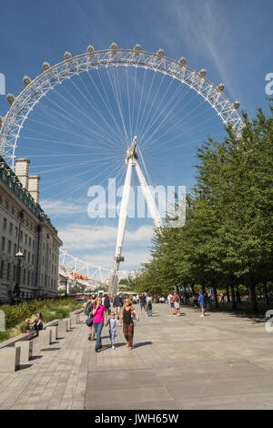 Il London Eye - una gigantesca ruota panoramica sulla riva sud del fiume Tamigi a Londra, Regno Unito Foto Stock