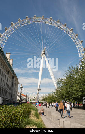 Il London Eye - una gigantesca ruota panoramica sulla riva sud del fiume Tamigi a Londra, Regno Unito Foto Stock