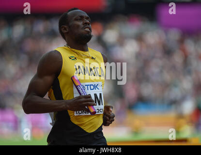 Londra, Regno Unito. 12 Ago, 2017. Usain Bolt durante 4 volte 100 misuratore di calore del relè a Londra presso la IAAF 2017 Campionati del Mondo di atletica leggera. Credito: Ulrik Pedersen/Alamy Live News Foto Stock