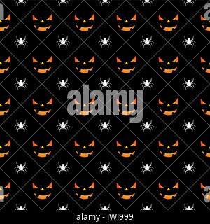 Halloween perfetta illustrazione del modello con zucche scary volti e ragni su sfondo nero. EPS vettoriali 10. Illustrazione Vettoriale