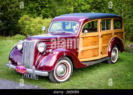 Circa 1950 pilota Ford V8 'woody' (anteriore vista in tre quarti) sul display in un ambiente da giardino Foto Stock