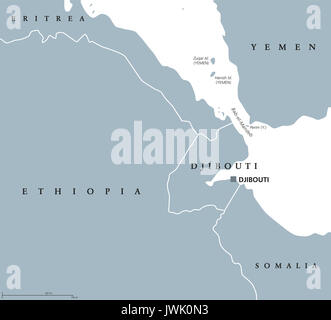 Bab el Mandeb stretto regione mappa politico. Etichetta inglese. Collega il Mar Rosso e il Golfo di Aden tra lo Yemen, Gibuti e l'Eritrea. Illustrazione. Foto Stock