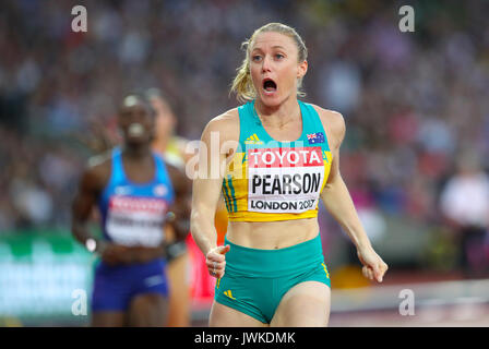 Australiana Sally Pearson reagisce dopo aver vinto le Donne 100m Ostacoli Finale durante il giorno nove del 2017 IAAF Campionati del mondo presso il London Stadium. Foto Stock