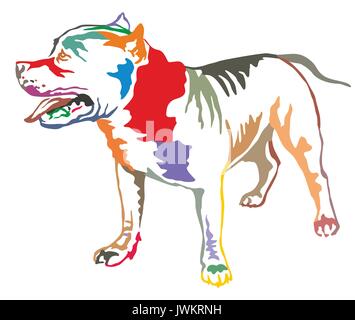 Decorativo colorato ritratto di standing in profilo l'American Pit Bull Terrier, vettore illustrazione isolato su sfondo bianco Illustrazione Vettoriale