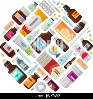 Il concetto di medicina. Farmaco, farmaco, bottiglie e pillole icone. Illustrazione Vettoriale Illustrazione Vettoriale