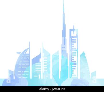 Dubai cityscape con grattacieli e i punti di riferimento pittura ad acquerello illustrazione vettoriale Illustrazione Vettoriale