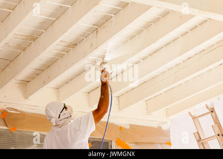 Professional pittore casa indossando la protezione del viso la verniciatura a spruzzo ponte di una casa. Foto Stock