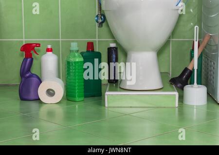 Prodotti per la pulizia del bagno. Servizi igienici nella casa di famiglia. Le vendite di prodotti detergenti Foto Stock