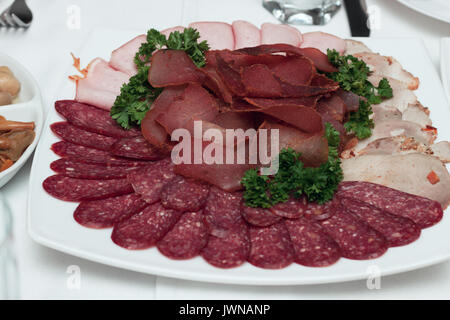 Piatto con deliziosi salumi e fette di prosciutto, salsiccia, Lingua di manzo, prezzemolo. Piatto di carne con la selezione. Foto Stock