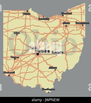 Ohio esatta dettagliata vettore dettagliata mappa di stato con l'assistenza della Comunità e attiva le icone originali giallo pastello illustrazione con strade principali. Unite Illustrazione Vettoriale