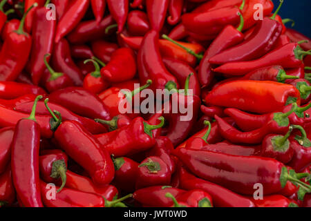 Una tabella è riempita con peperoncino rosso in vendita in un mercato di Istanbul Foto Stock